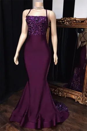 Sexy Prom Dresses Grape Mermaid Halter Satin Lace Prom Gown        fg912